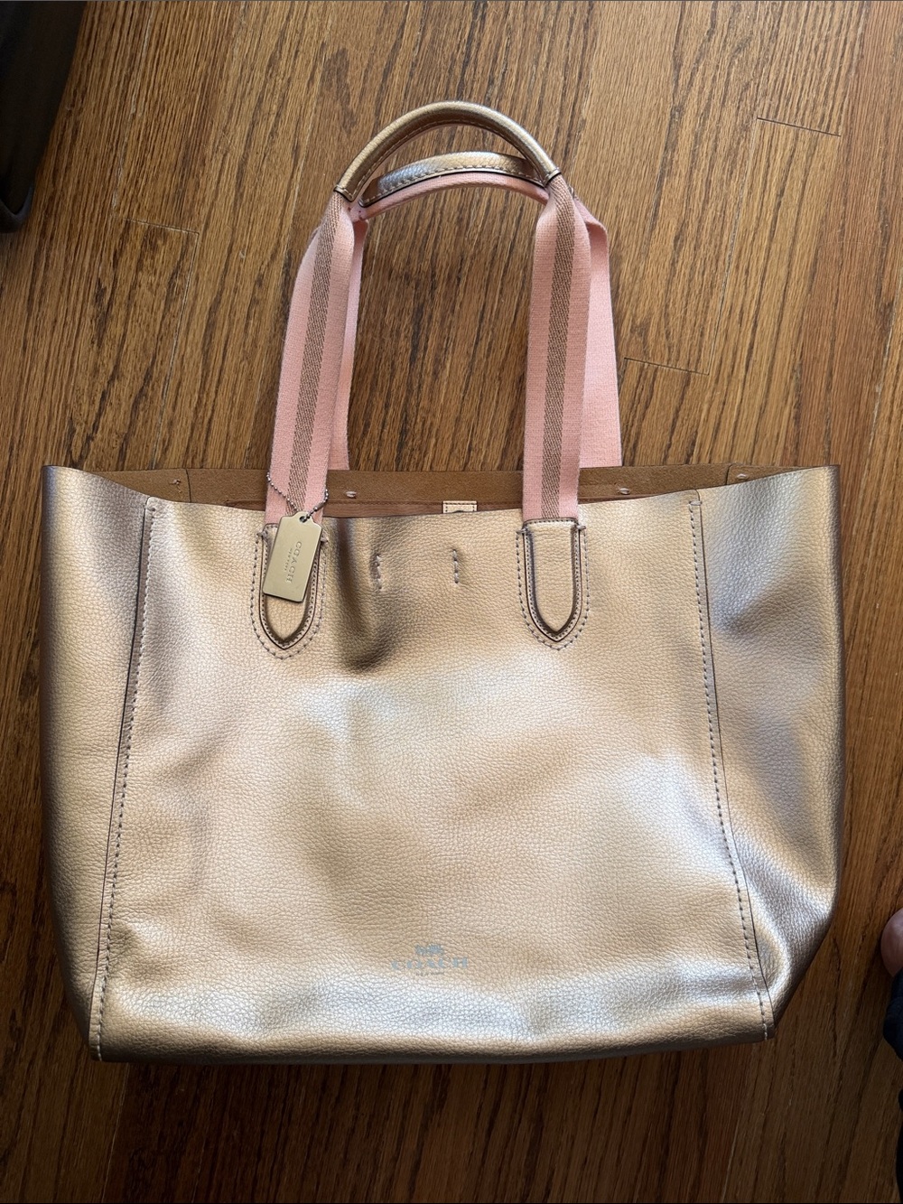 Coach Metallic Rose Gold Tote with Pink Strap Accents
